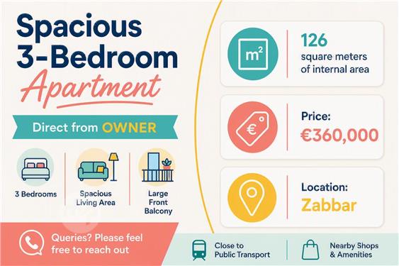 **FOR SALE Spacious 3-BEDROOM APARTMENT**