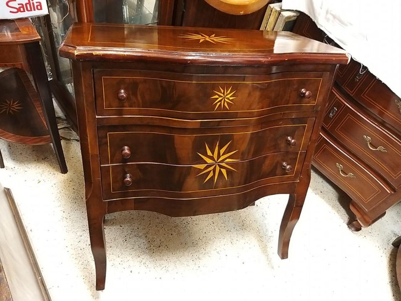 Pair beautiful inlaid walnut veneered chest of drawers with star motifs